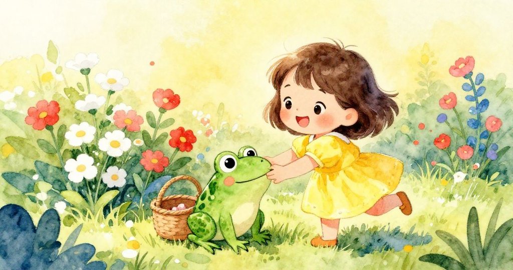 小女孩滿懷喜悅擁抱綠色青蛙玩具,將其放在鮮花旁,庭園中充滿溫暖光芒與幸福感,冒險圓滿落幕