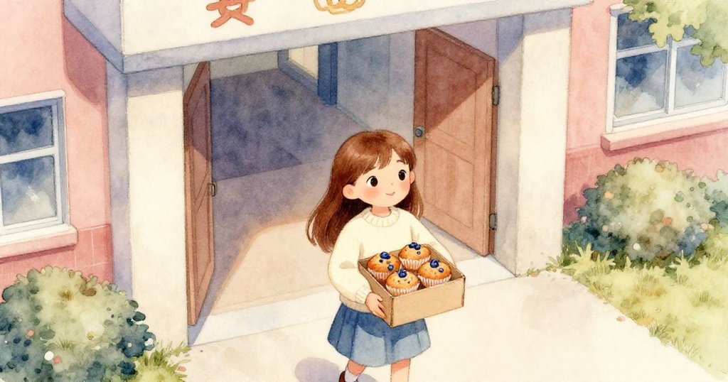 Lina 在晨光中邁入校園，懷抱藍莓鬆餅紙箱，校門與擁擠走廊背景襯托出充滿期待的春日氣息。