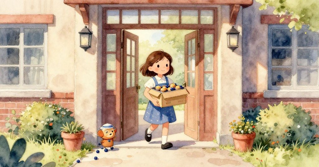 Lina於金屬樓梯上緊握紙箱，一個金色鬆餅滑落，細節生動展現意外中隱含的希望。