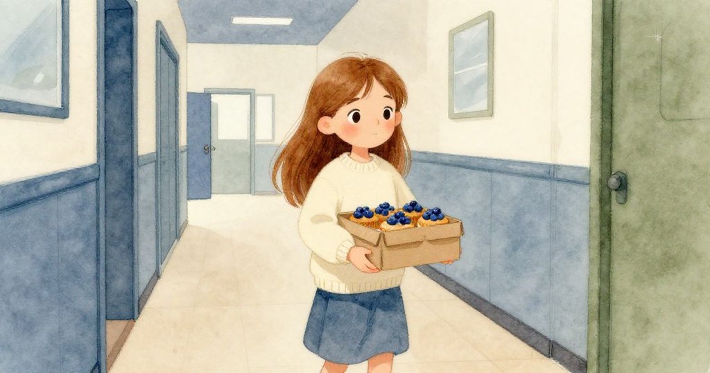 Lina於體育館後服務通道中小心攜帶藍莓鬆餅紙箱，堅定眼神映射出克服擁擠與不安的決心。