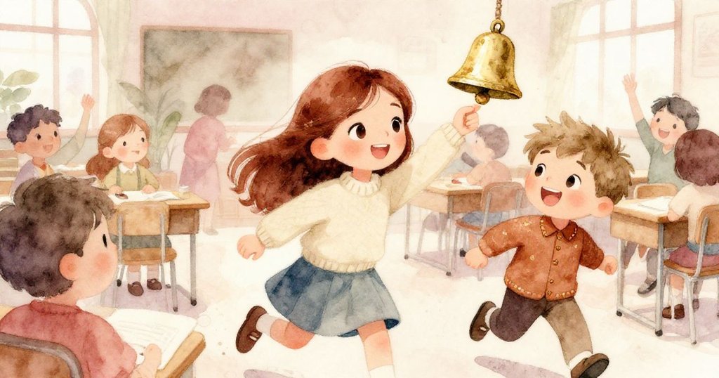 Lina與男孩在教室門口急速奔向迎鈴時刻，動感畫面展現他們解脫與喜悅的笑容，背景充斥著校園活力。