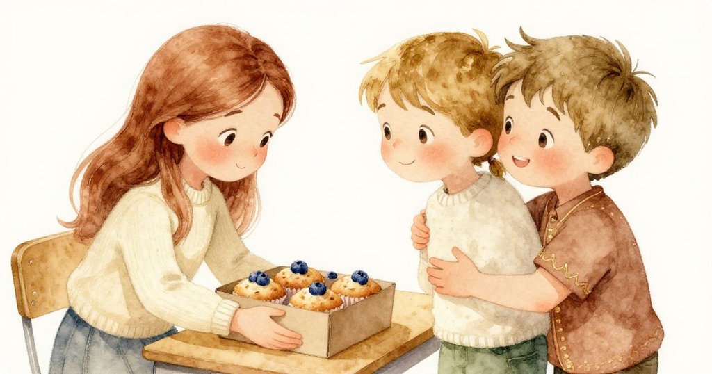 Lina在溫馨教室中將藍莓鬆餅紙箱放至Maya桌上，男孩擁抱傳遞關愛，象徵友情與信任的美好延續。