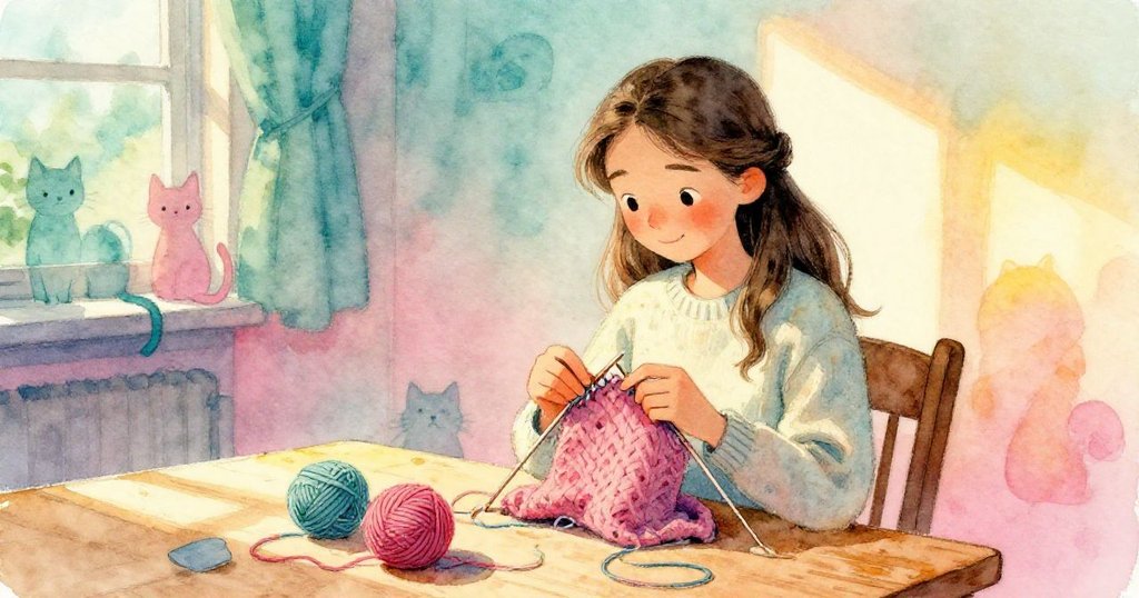 Lena坐在溫馨房間木桌前開始編織毛線圍巾，陽光灑入激發堅定期盼的情緒，充滿活力。