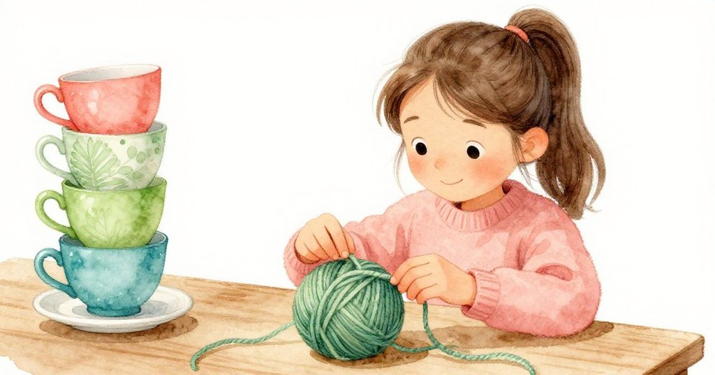 Lena專心拆解纏結的毛線球，溫柔手法與桌上排列整齊的茶杯訴說努力與懷舊心情。