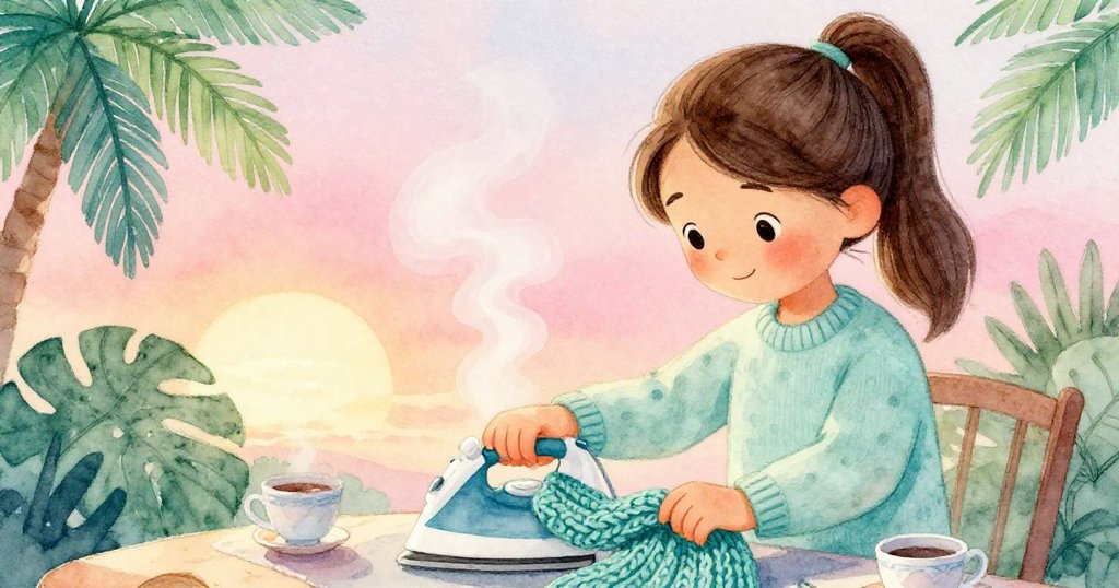 Lena在傍晚柔光中使用熨斗平整新編的圍巾，蒸氣繚繞桌上茶杯散發溫馨，展現平靜專注心情。