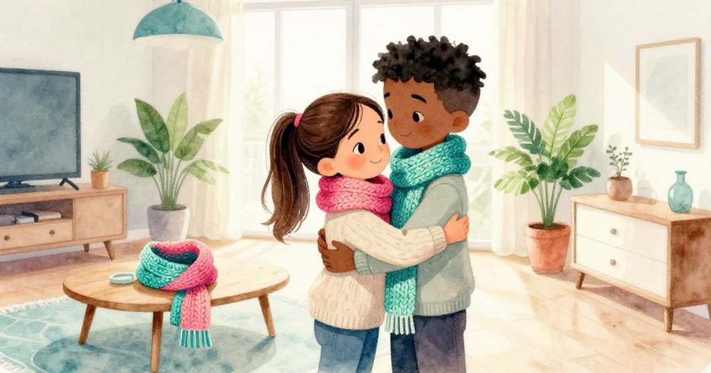 Lena在公寓門前擁抱Malik，兩人臉上洋溢著溫暖喜悅，桌上放著彼此相配的手工圍巾。