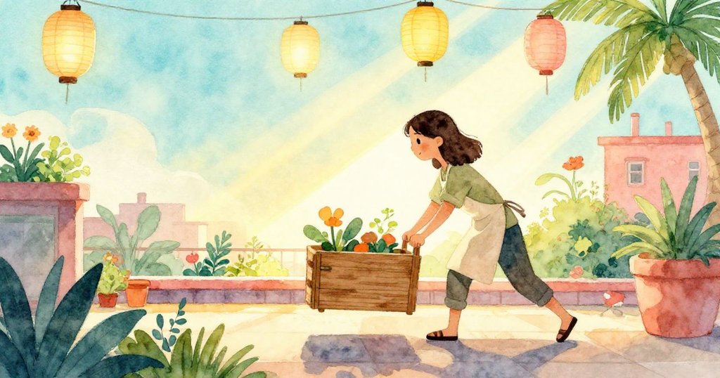 Mara推著木箱進入屋頂花園，早晨陽光灑落菜畦，背景有輕飄紙燈籠，充滿溫暖希望。