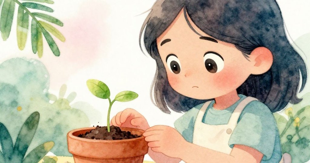 Mara細看脆弱幼苗，眼中充滿希望，輕輕拭去灰塵，背景隱現溫暖柔和自然光，表情溫柔堅定。