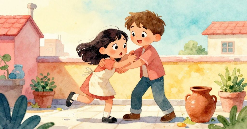 Leo從下方伸手扶住歪斜的泥壺，Mara驚訝又欣慰，兩人互動於屋頂花園中動感溫馨。