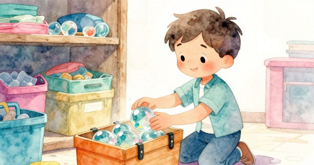 Leo仔細將神秘玻璃彈珠放入工具箱，小室中柔和光線映照，透露出好奇與寧靜的氛圍。