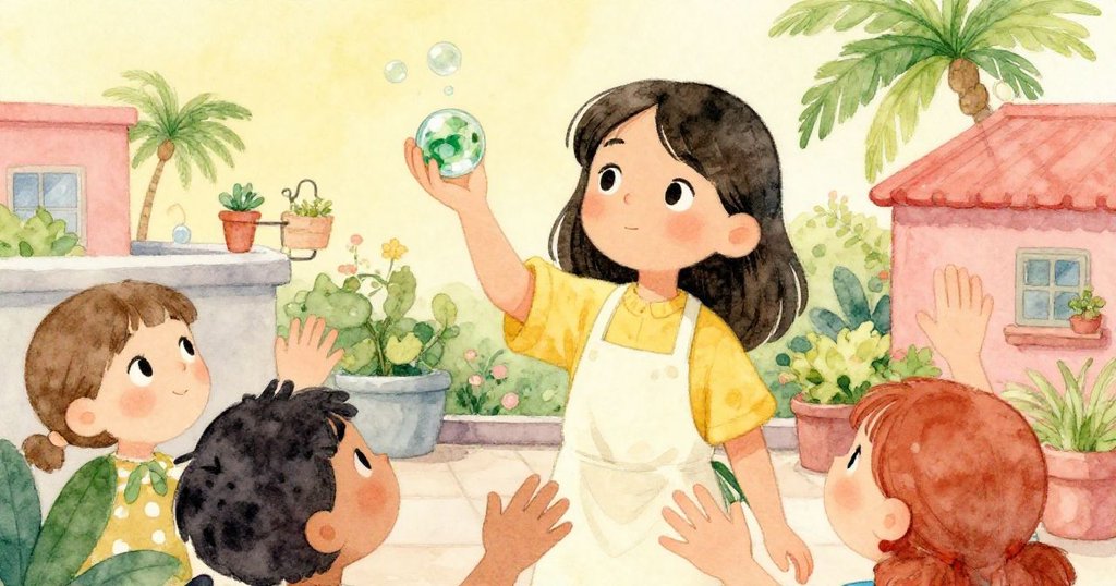 Mara展示魔幻玻璃彈珠引起圍觀，眾人伸手好奇，陽光灑耀花園，展現驚奇與夢幻感。