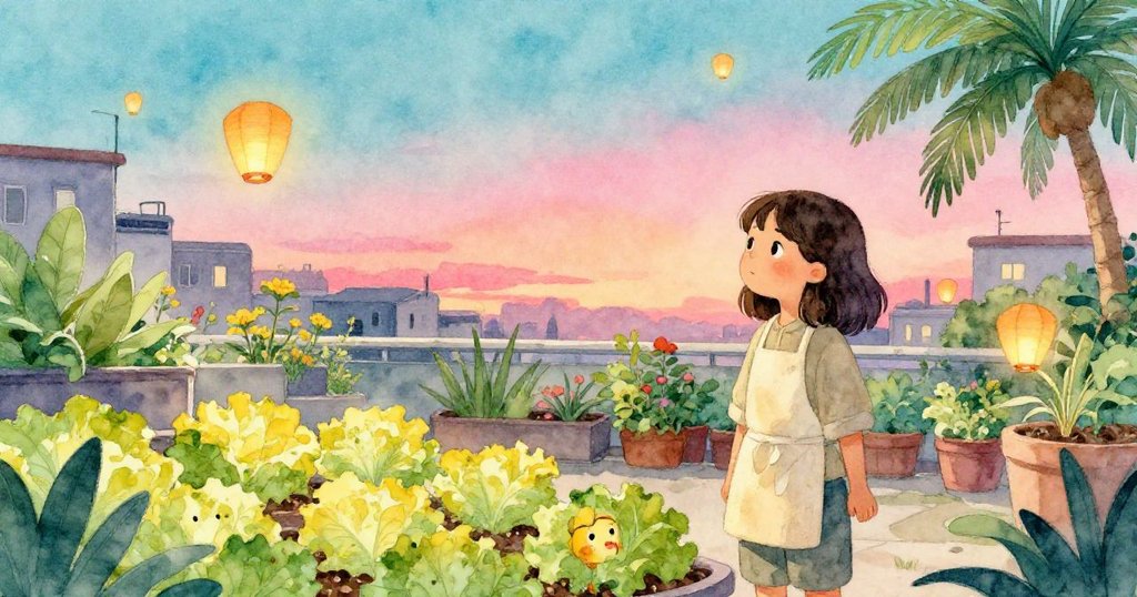 Mara靜立於萵苣旁，望著微風中搖曳的紙燈籠，傍晚金光映照花園，傳達希望與生命韻律。