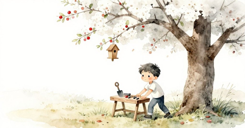 雷歐在溫柔晨光中推著工作台置於蘋果樹下，精心擺放工具與鳥屋，開始一天充滿希望的工作。