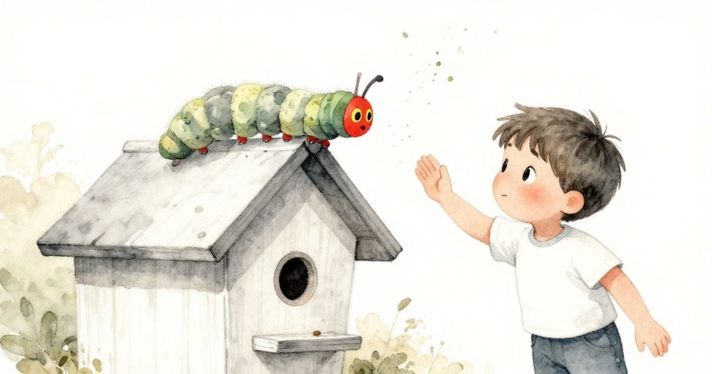 雷歐急忙遮掩剛漆好的鳥屋，毛毛蟲輕爬其上，空中塵葉飛舞呈現意外與自然巧遇。