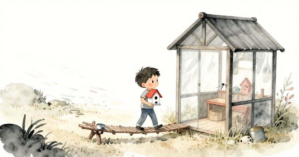 雷歐小心搬運鳥屋入玻璃棚，跨過細樹枝橋保護著工作成果，安全寧靜環境呈現重新規劃。