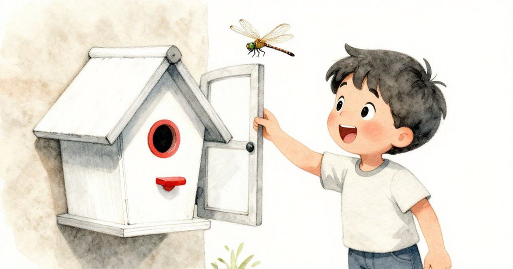 雷歐驚喜目光注視窗外飛入的蜻蜓輕觸鳥屋，顯露即興改變計劃與自然奇遇的美好瞬間。