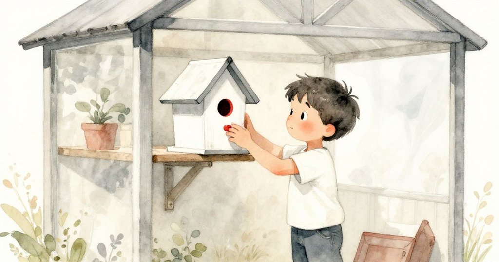 雷歐滿懷自豪將完成鳥屋擺上高架，玻璃棚內光影柔和，象徵創作旅程圓滿與心中平靜喜悅。