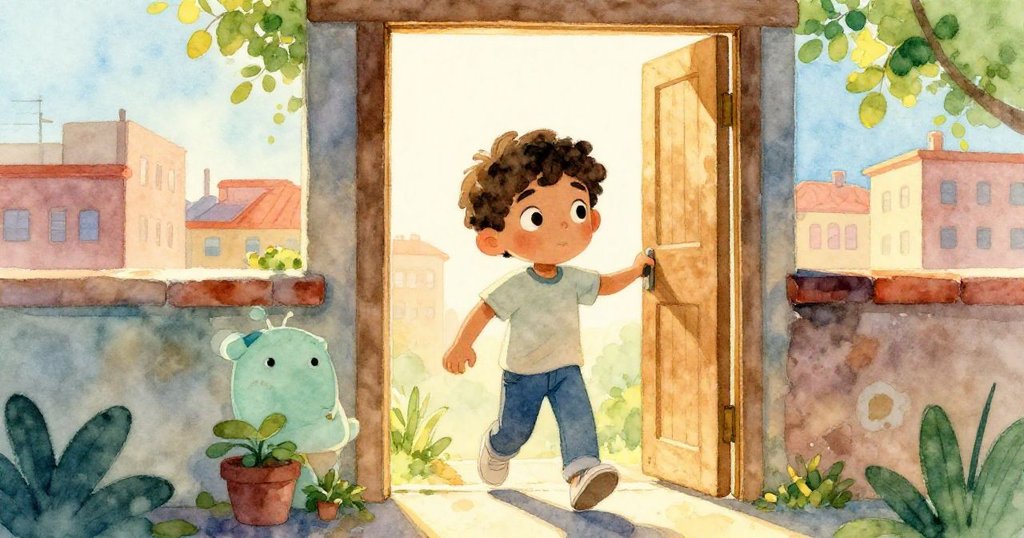 馬特奧從大門走出,臉上帶著決心與興奮,背景展現明媚金色晨光和色彩斑斕的屋頂,開始新旅程。