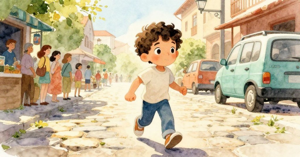 馬特奧在繁忙市場街快步前行,鮮豔鞋子踏在細緻石板上,周遭遊客與車輛襯托出活力與熱情。