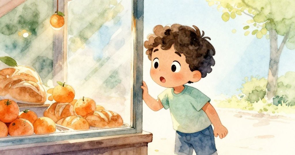 馬特奧在水果攤旁透過玻璃窗注視麵包店內散落的橘子與麵包,臉上流露出驚訝與好奇情緒。