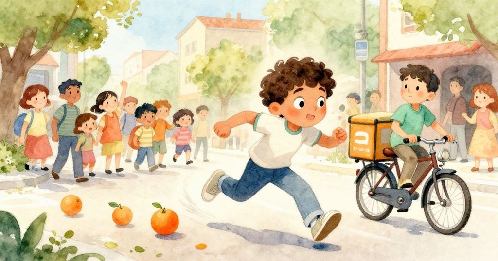 馬特奧在熙攘街道中急速閃避,橘子四散滾動,腳踏車鈴聲急促,展現緊湊追逐場面。