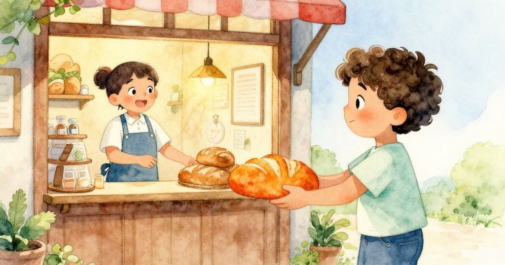 馬特奧在麵包店門前將橘子獻給笑容滿面的店員,愉快交換獲得溫熱麵包,場景溫馨充滿歡樂。