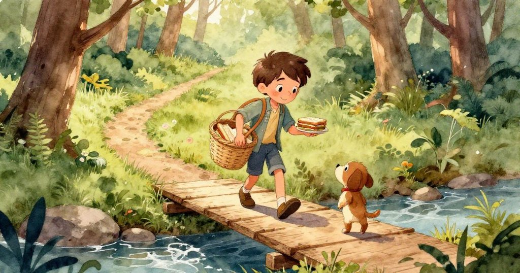 李奧的靴子踩在破損木板上，麵包與果實滾落瞬間呈現緊張與自然細膩，神情專注。