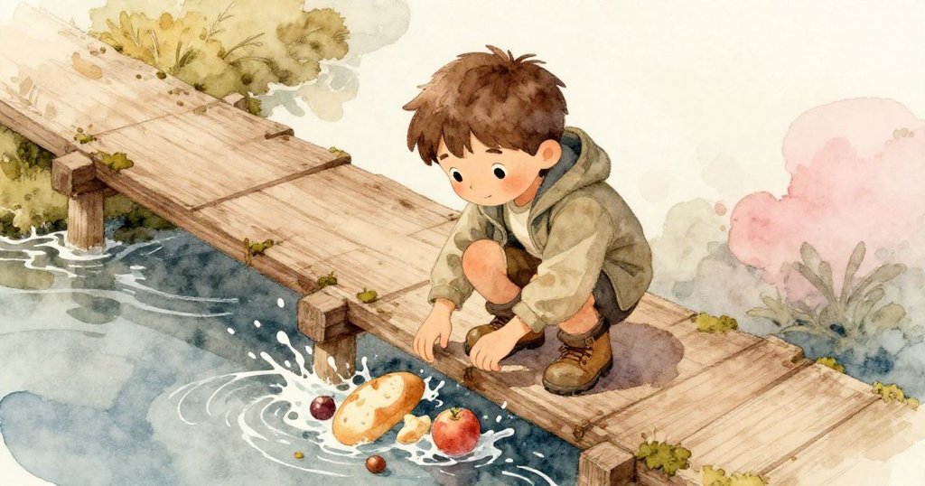 李奧俯身撿拾滾落食物，從高空俯瞰展示濕潤木板與青苔，神情專注緊張，展現關鍵瞬間。