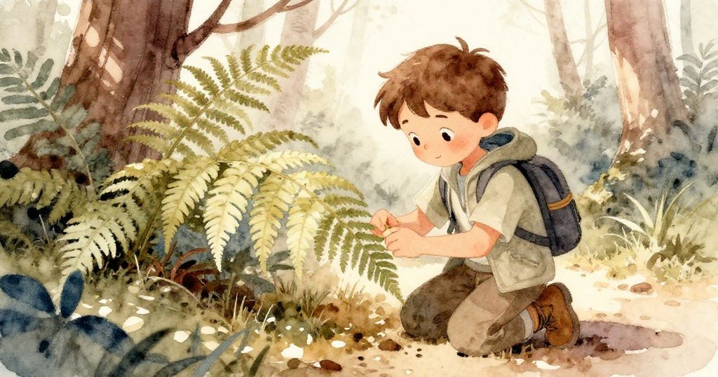 李奧蹲於樹下摺疊茂盛蕨葉，神情專注回味露營記憶，溫暖光影映襯自然細節。