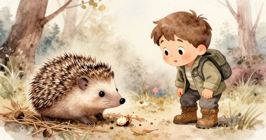 李奧驚喜地注視著在落葉中輕觸麵包屑的小刺蝟，森林環境細膩展現溫柔意外驚奇。