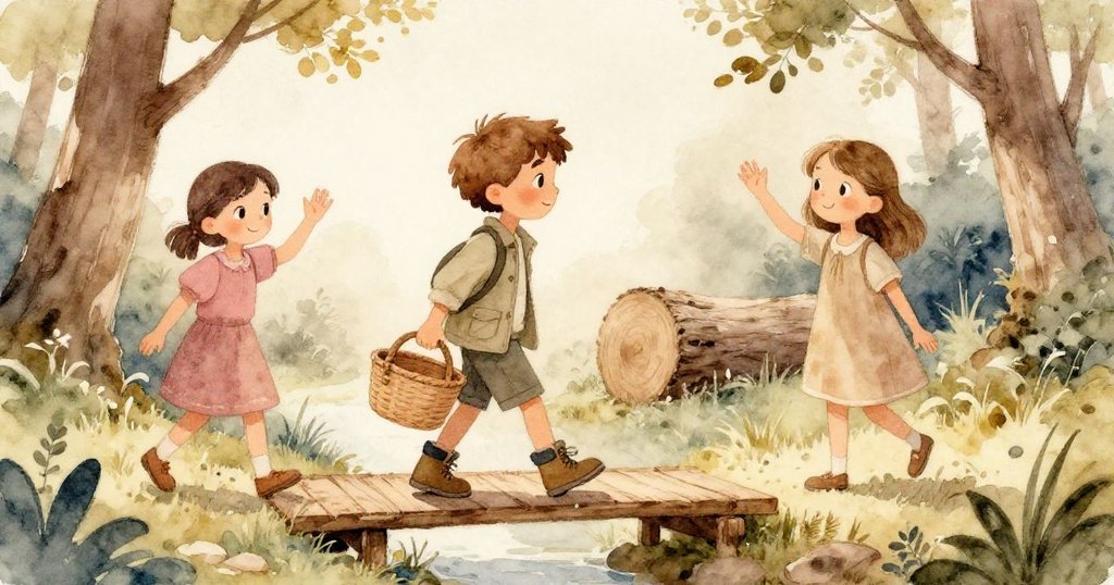 李奧穩步跨過木橋將籃子送至草坪，迎向揮手的米拉，森林中洋溢著平靜喜悅與溫馨重逢。