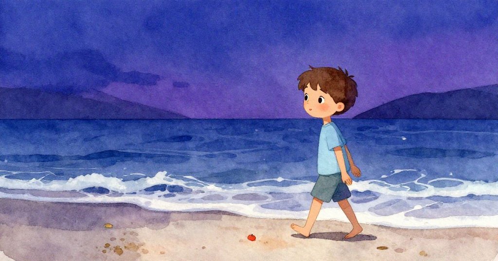 山姆在海灘上漫步，身影映襯夕陽余暉，持著紅蘋果，海浪輕拍沙灘，流露出期待與好奇心。