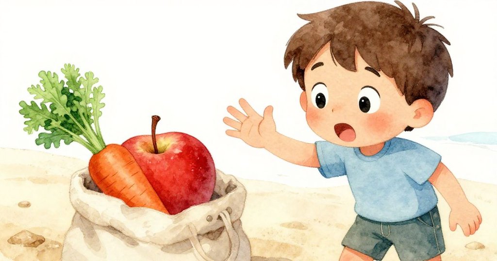 山姆低頭注視袋中蘋果與胡蘿蔔相互碰觸，臉上驚喜流露，背景隱約出現海灘柔光，預示旅程驚異。