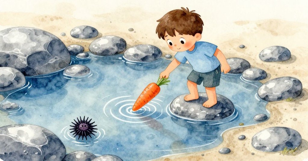 從高處俯瞰岩池，山姆小心踏過濕石，胡蘿蔔觸水激起漣漪，海膽靜靜避讓，展現寧靜自然旅程。