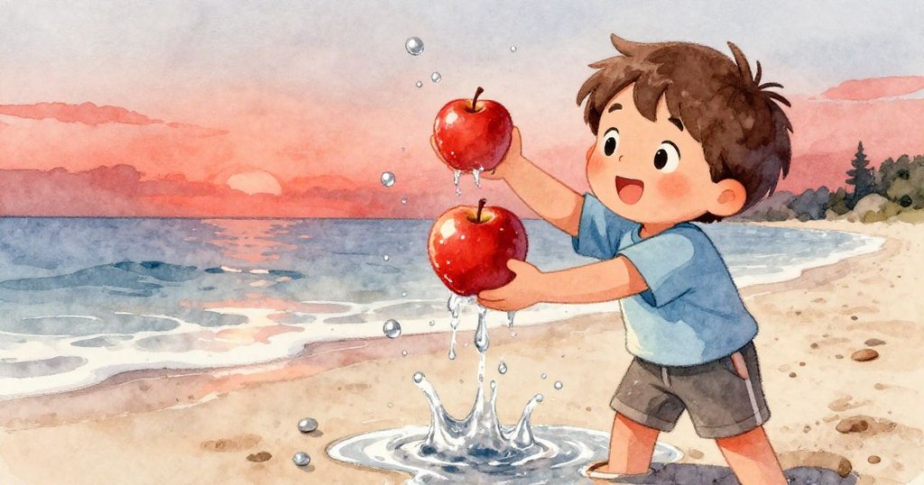 山姆專注地將紅蘋果輕觸水面，水珠四散飛濺，動感捕捉海邊活力瞬間，充滿喜悅與奇妙遊戲。