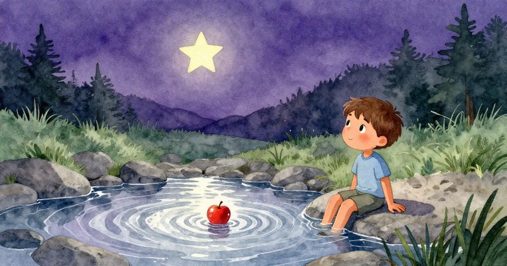 夜幕初垂，山姆靜坐岩池邊，蘋果滴水映出微光，一顆淡星點綴天際，整體氛圍寧靜祥和，結束奇幻旅程。