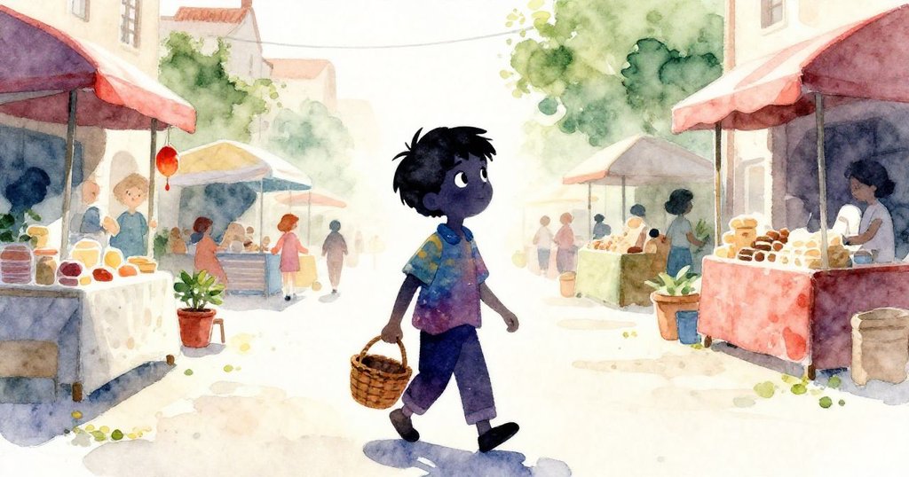 Milo 走在明亮的市集中,背著小籃子,輪廓在晨光下清晰展現,神情充滿期待與希望,展現旅程起始的活力。