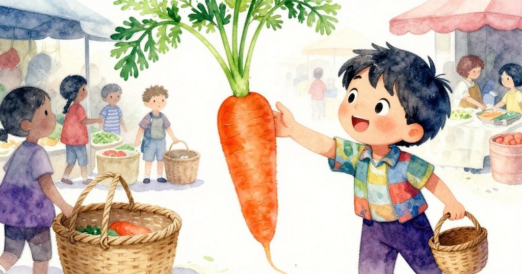 Milo 小心翼翼伸手握住高挑胡蘿蔔,綠莖細緻生動,背景的市場質感豐富,神情專注而充滿希望。