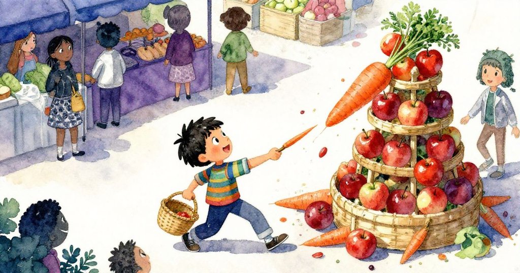 從高角度俯視市場,Milo 拉胡蘿蔔引起蔬菜塔搖晃,蘋果紛飛而下,表情中透露驚訝與脆弱。