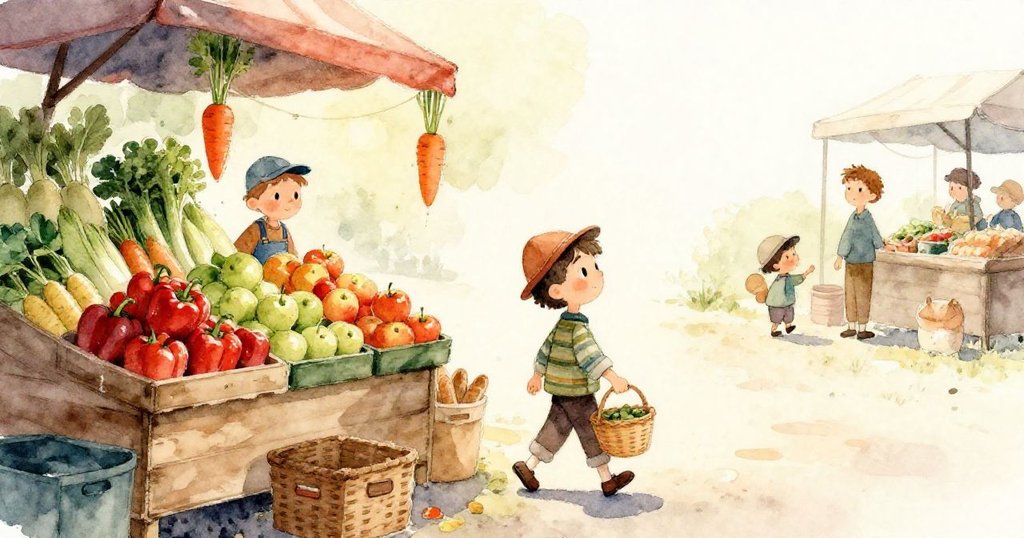 在秋日柔光中,水花濺起覆蓋馬鈴薯,市場通道上混亂中蘊含著季節感,場景動感活潑充滿趣味。