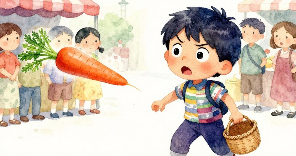 Milo 手滑失誤,胡蘿蔔從指尖滑落,他的臉上充滿驚慌,市場中眾人靜默注目,氣氛緊張。