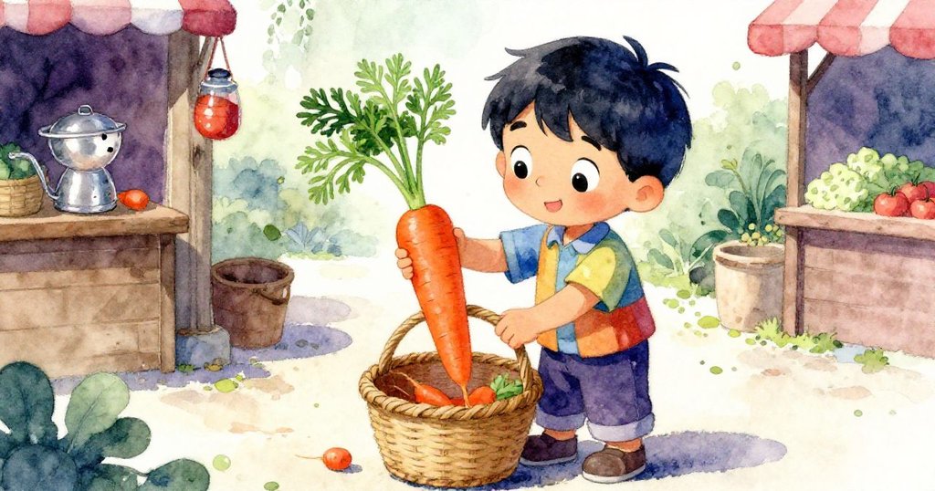 Milo 慢慢將高挑胡蘿蔔放入小籃中,臉上展現滿足與寧靜,市場逐漸恢復平和,象徵著耐心與溫柔。