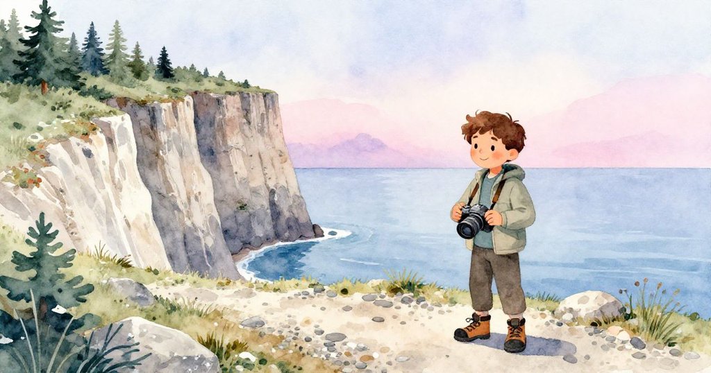 Lucas 穿著戶外裝備於夕陽下沿懸崖步道前行,認真調整相機帶,背景廣闊海洋與柔和光影交織,充滿冒險氣息和期待。