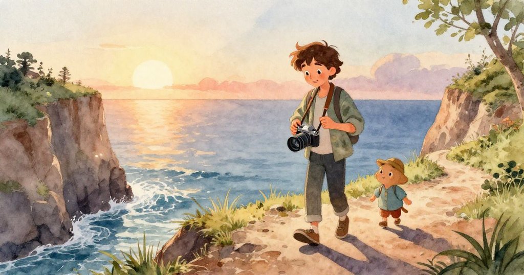 Lucas 的手專注調整相機帶與水瓶,細緻展現手部動作與環境石子質感,表現準備冒險的精確與熱情。