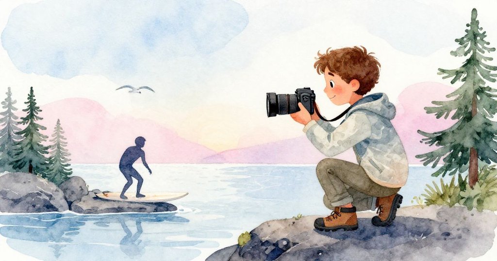 Lucas 蹲在濕潤岩石邊緣舉起相機,岩面反射出遠方衝浪者剪影及海鳥飛馳,透露出神秘且動感的自然之美。