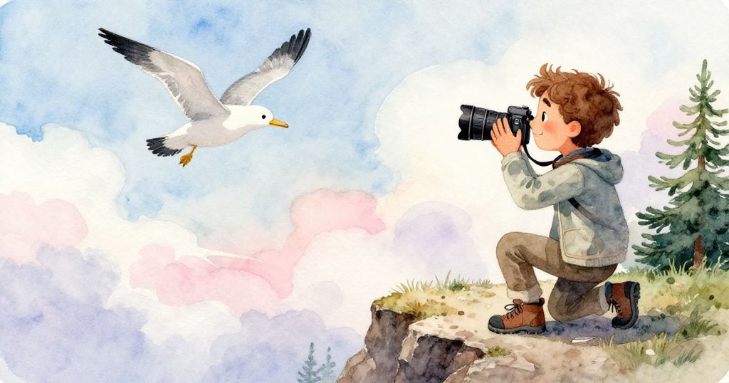 Lucas 站於懸崖上觀察天空,薄雲間閃現明暗變幻,一隻受驚海鳥突然振翅飛起,畫面充滿動態大自然氣息。