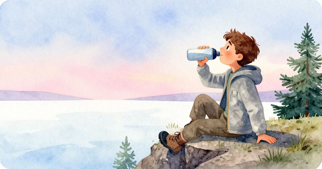 Lucas 站在懸崖前方眺望廣闊海景,沉浸在寧靜黃昏中,啜飲水瓶中的清涼水,臉上流露出滿足與平和的心情,迎向新旅程。