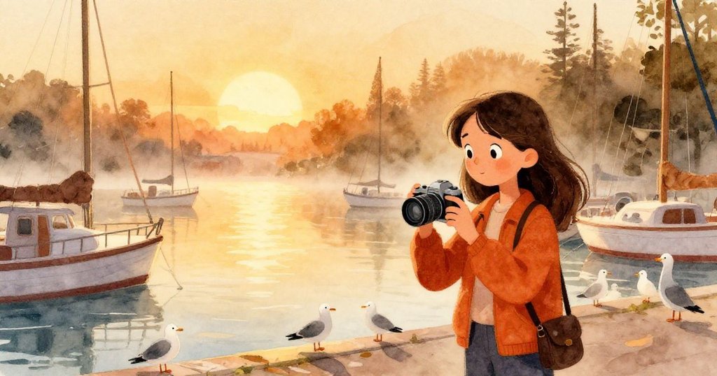 米拉拿著相機走在霧氣瀰漫的碼頭，周圍有沉睡的海鷗和小船，顯得寧靜而愉悅。