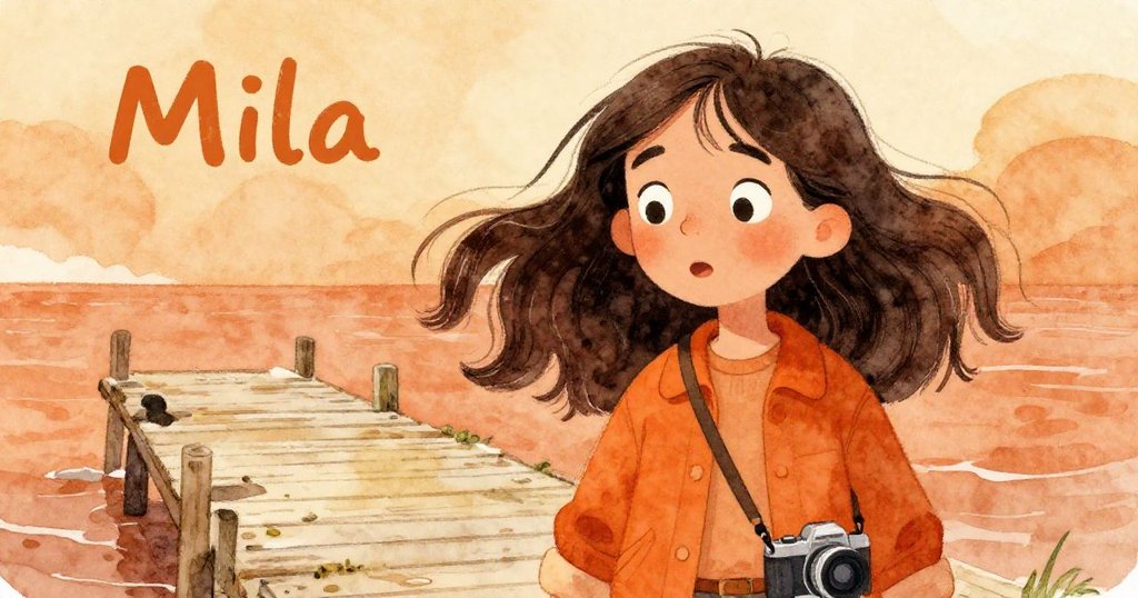 米拉臉上展露驚訝和決心，近距離曝光在風吹動的碼頭背景中，情感豐富生動。