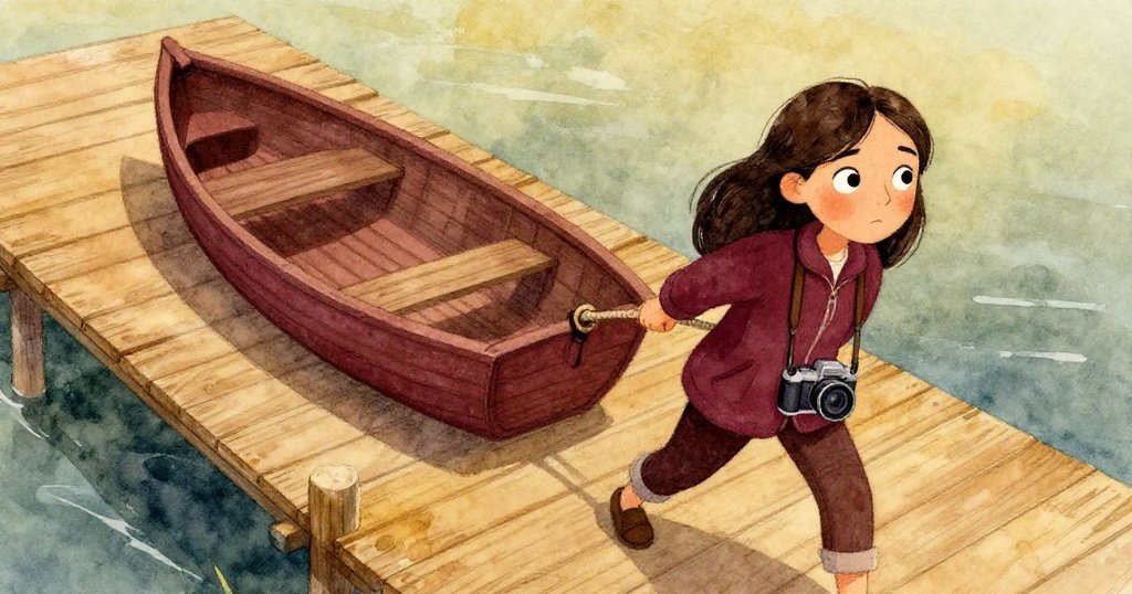 從上方俯瞰，米拉用力拉住飄移的小船，木板上滑落的鑰匙與繩子增添緊張氣氛。